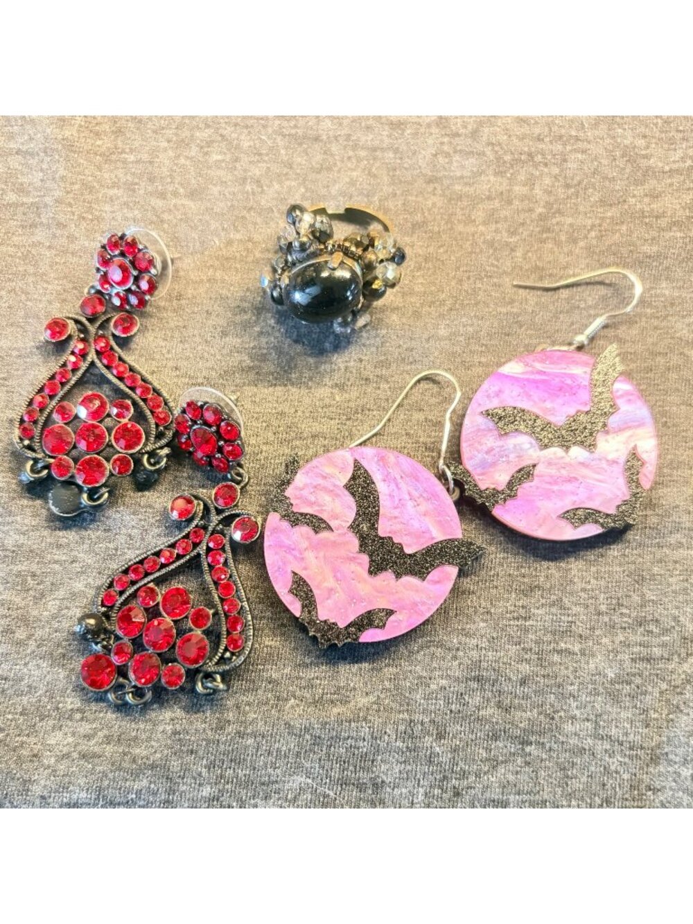 Jewelry Lot Red Rhinestone Earrings Purple Bat Earrings Black Ring Gothic Hallow